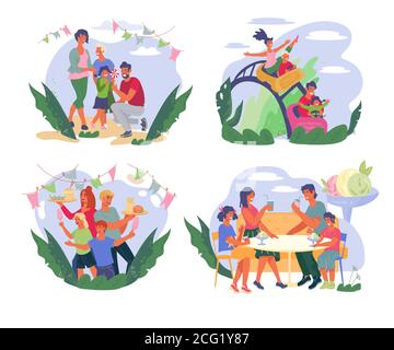 Family walking and having fun in park or at street food festival banners set. Stock Vector