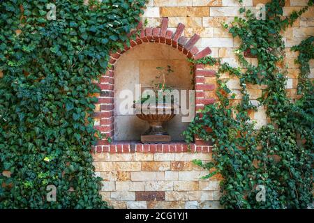 Wall flower pot with plants, exterior. Stone wall decorated with flowers. Wall of the building is covered with ivy Stock Photo