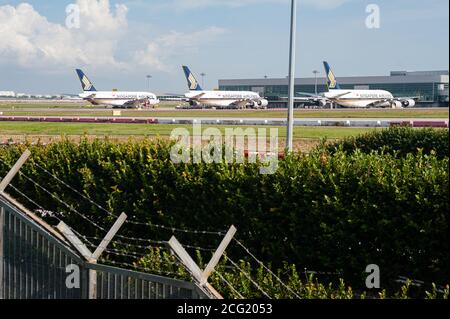 28.08.2020, Singapore, Republic of Singapore, Asia - Temporarily grounded Airbus A380 passenger planes of the flag carrier Singapore Airlines. Stock Photo