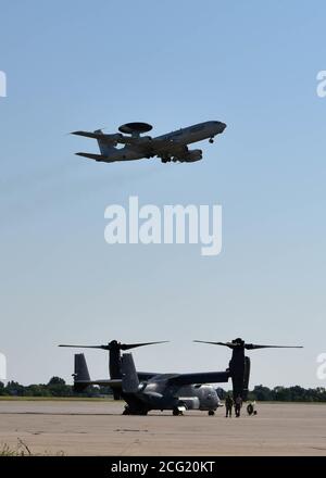 An E-3 Sentry Airborne Warning and Control System aircraft from Tinker Air Force Base, Joint Surveillance and Target Attack Radar System aircraft from Robins AFB, MQ-9 Reapers operated from Ellington Field Joint Reserve Base, MC-12s from the 137th Special Operations Wing, CV-22 Osprey and AC-130 Gunships from Cannon AFB, an MC-130H Combat Talon IIs from Hurlburt AFB and KC-135R Stratotankers from the 314th Air Refueling Squadron at Beale AFB participated in SENTRY REX 20-03. Sentry Rex is a joint-exercise hosted by the 552nd Air Control Wing, specializing in Combat Search and Rescue mission in Stock Photo