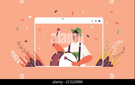 musician playing drum on biggest folk festival Oktoberfest party celebration concept man in german traditional clothes having fun web browser window portrait horizontal vector illustration Stock Vector