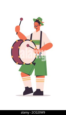 musician playing drum on biggest folk festival Oktoberfest party concept man in german traditional clothes having fun full length isolated vertical vector illustration Stock Vector