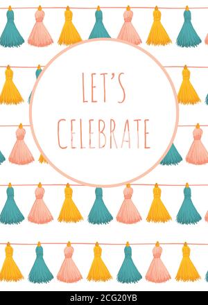 Tassels greeting card seamless vector illustration. Fully editable Lets celebrate Colorful decorative tassels pattern. Great for cards, party Stock Vector