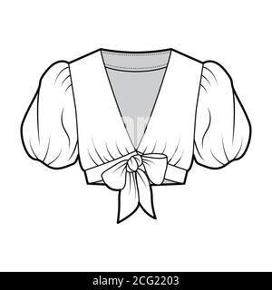 Tie-front cropped shirt technical fashion illustration with voluminous short puff sleeves, plunging neckline. Flat blouse apparel template front, white color. Women, men, unisex top CAD mockup.  Stock Vector