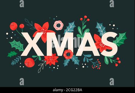 Christmas backgrounds and New year abstract botanical illustrations, cards and patterns with red flowers and leaves.  Stock Vector