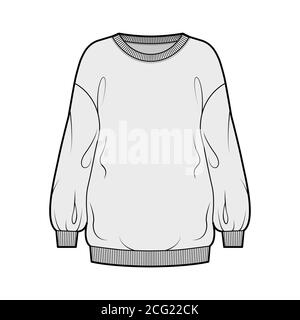 Cotton-terry slouchy oversized sweatshirt technical fashion illustration with loose relaxed fit, crew neckline, long sleeves. Flat jumper apparel template front, grey color. Women, men, unisex top CAD Stock Vector