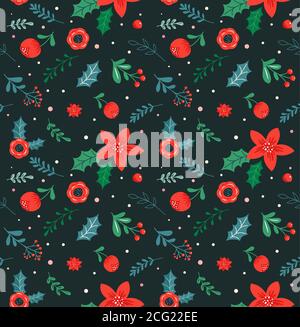 Christmas seamless pattern and abstract background, botanical illustrations with red flowers and leaves.  Stock Vector