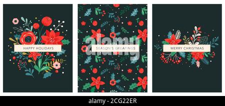 Christmas backgrounds and New year abstract botanical illustrations, cards and patterns with red flowers and leaves.  Stock Vector