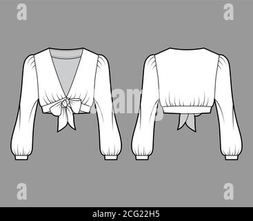 Tie-front cropped shirt technical fashion illustration with voluminous long sleeves, plunging neckline. Flat blouse apparel template front, back, white color. Women, men, unisex top CAD mockup.  Stock Vector
