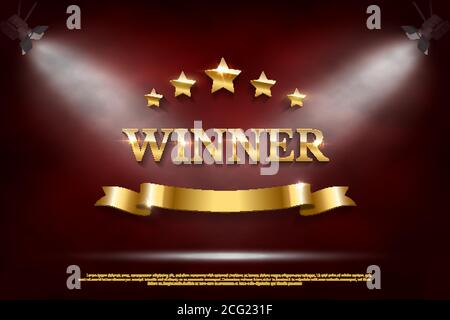 Vector 3D realistic golden sign Winner with five stars and ribbon on red background. Spotlights illuminate inscription. Template mockup for Stock Vector