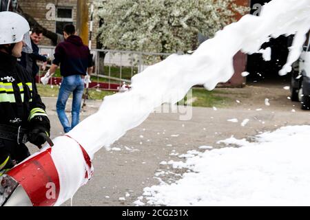 04 24 2019. Divnoye, Stavropol Territory, Russia. Demonstrations of rescuers and firefighters of the local fire department in the agrotechnical school Stock Photo