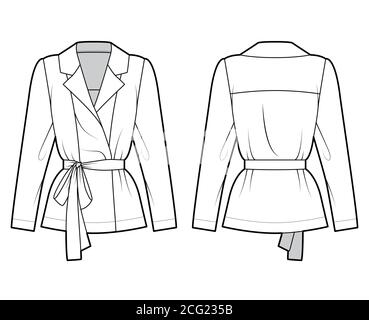 Wrap shirt technical fashion illustration with long sleeves, slightly loose  fit, notch collar, ties at the waist. Flat apparel blouse template front,  grey color. Women men unisex blazer CAD mockup Stock Vector