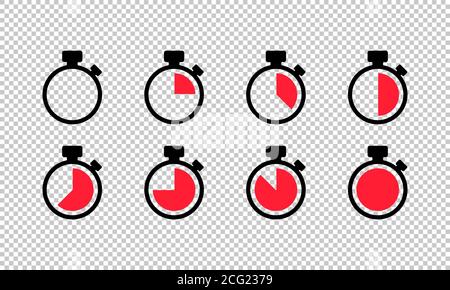 Timer icon set on transparent background. Stopwatch symbol. Countdown timers. Time management. Time clock sign. Watch icon. Vector EPS 10. Stock Vector