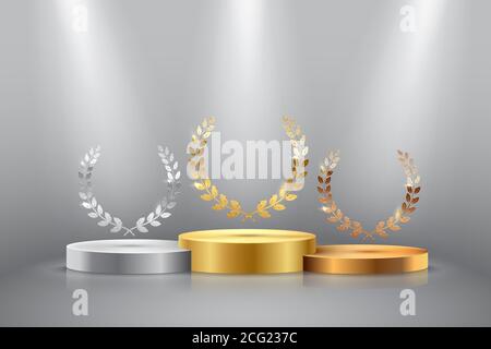 Winner background with golden, silver and bronze laurel wreaths with ribbons on round pedestal isolated on gray background. Vector winner podium Stock Vector