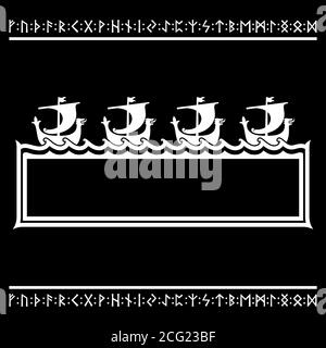 Old Norse design. Frame in Scandinavian style. Viking ships Drakkars float on the sea Stock Vector