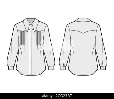 Western-inspired pintucked shirt technical fashion illustration with long sleeves, front button-fastening, exaggerated point collar. Flat template front back, grey color. Women unisex top CAD mockup Stock Vector