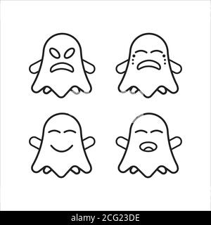 Uncolored cute ghost emoticon pack vol.2. Flat Character Expression. Vector illustration collection. Black and white color Stock Vector