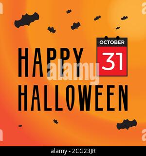 Happy Halloween Greeting Card with Flying Bats And Calendar Element Design. Social Media Post Template. Dark Orange Color Theme. Stock Vector