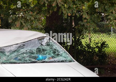 Smashed windshield of white car after accident on road. Selective focus. Car insurance concept Stock Photo