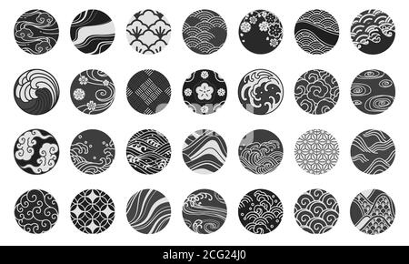 Japanese emblem and symbol round shape vector illustration.Water sea ocean wave, chinese cloud and wind,sakura,textiles,porcelain,traditional vintage Stock Vector