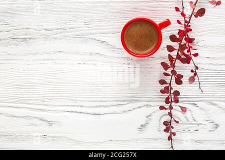 Red cup  of coffee and branches with small colorful autumn leaves  on white wooden table with empty space for text or image. Flat lay. Stock Photo