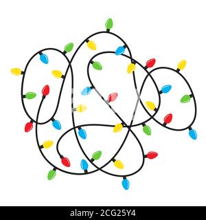 Tangled christmas lights bulbs isolated on white Stock Vector