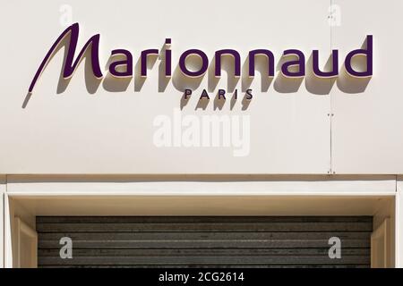 Villefranche, France - May 17, 2020: Marionnaud logo on a wall of a store. Marionnaud is an international French perfume chain based in Paris Stock Photo