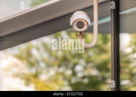 Outdoor CCTV surveillance camera on building window in green trees foliage reflection background watching on perimeter of shop or shopping center. Cop Stock Photo