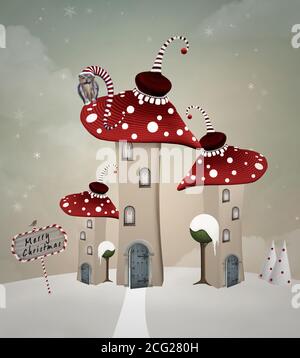 Surreal mushrooms village with a funny owl on the roof at christmas time Stock Photo