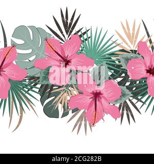 Seamless vector floral summer border with tropical palm leaves and hibiscus flowers. Perfect for wallpapers, web page backgrounds, surface textures Stock Vector