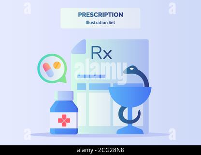 rescription illustration set doctor prescription background drug tablet pill in bottle snake glasses with flat color style Stock Vector