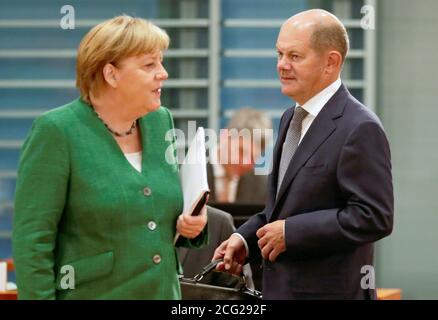 Berlin, Germany. 09th Sep, 2020. Federal Chancellor Angela Merkel (CDU) and Olaf Scholz (SPD), Federal Minister of Finance, are taking part in the weekly cabinet meeting at the Federal Chancellery. Credit: Hannibal Hanschke/POOL Reuters/dpa/Alamy Live News Stock Photo