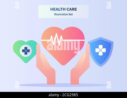 Health care illustration set palm hand up heart background of cross shield protection with flat color style. Stock Vector