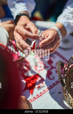 Workshop of decorating easter eggs  in beautiful hungarian village Holloko, Hungary Stock Photo
