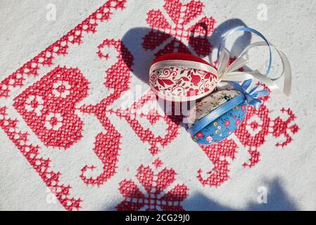 Workshop of decorating easter eggs  in beautiful hungarian village Holloko, Hungary Stock Photo