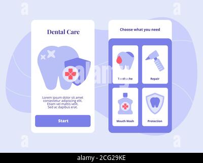 Dental care toothache repair mouth wash protection for mobile apps template banner page UI with two variations modern flat color style. Stock Vector