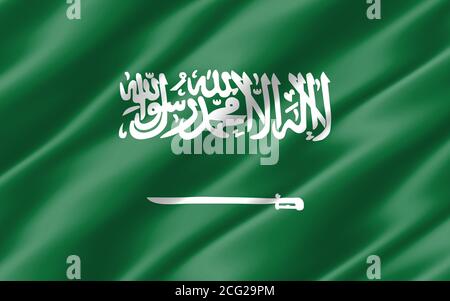 Silk wavy flag of Saudi Arabia graphic. Wavy Saudi Arabian flag illustration. Rippled Saudi Arabia country flag is a symbol of freedom, patriotism and Stock Photo