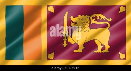 Real size waving Sri Lanka flag illustration. Rectangular Sri Lankan waving flag is a symbol of nation. Stock Photo