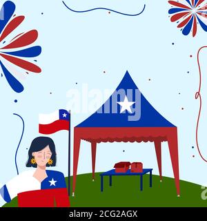 Viva chile concept women wear apparel chile flag background red blue tent on ground with flat cartoon style Stock Vector