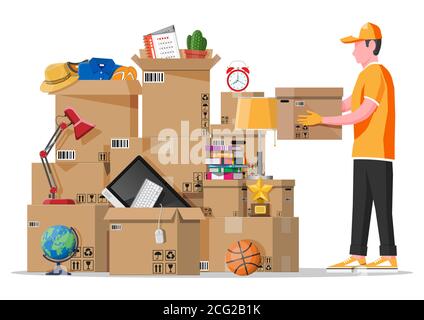 Moving to new house. Family relocated to new home. Male mover, paper cardboard boxes with goods. Package for transportation. Computer, lamp, clothes, books. Vector illustration in flat style Stock Vector