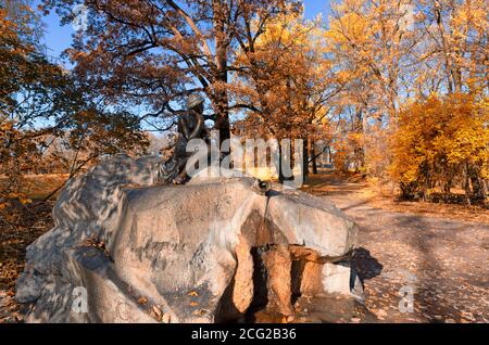 Tsarskoye Selo, Saint Petersburg, Russia - October 15, 2019: Statue-fountain 'Girl with a jug' on a beautiful Indian summer morning Stock Photo