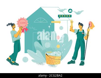 Friendly smiling cleaning company staff, flat cartoon vector ...