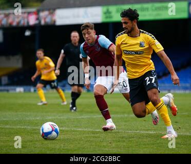 SOUTHEND, ENGLAND - SEPTEMBER 06: Harry Kyprianou of Southend United holds of Harrison Ashby of West Ham United U21during EFL Trophy Southern Group Ab Stock Photo