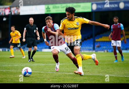 SOUTHEND, ENGLAND - SEPTEMBER 06: Harry Kyprianou of Southend United holds of Harrison Ashby of West Ham United U21during EFL Trophy Southern Group Ab Stock Photo