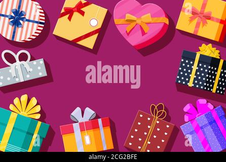 Set of gift boxes on red background. Colorful wrapped. Sale, shopping. Present boxes different sizes with bows and ribbons. Collection for birthday and holiday. Vector illustration in flat style Stock Vector