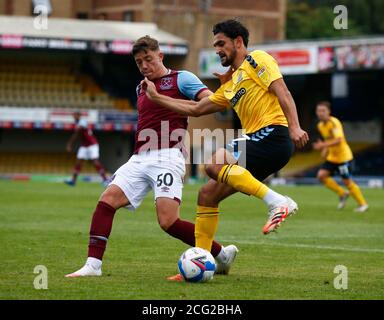 SOUTHEND, ENGLAND - SEPTEMBER 06: Harry Kyprianou of Southend United holds of Harrison Ashby of West Ham United U21during EFL Trophy Southern Group Ab Stock Photo