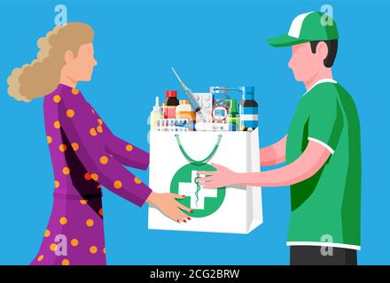 Courier delivered package of drugs to customer. Pharmacy delivery service concept. Delivery man give ordered medical products to woman. Online drugstore or internet shop. Flat vector illustration Stock Vector