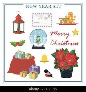 A set of flat illustrations for new year and Christmas. Vector set of isolated images with poissentia, gifts, holiday cookies, snow globe, Christmas lantern, letter to Santa Claus. Bright objects for a postcard, ad, sale, or website with a new year s theme. Happy Winter Holidays poster. New year Stock Vector