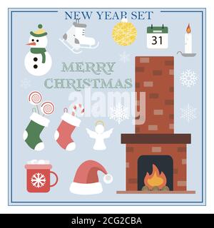 A set of flat illustrations for new year and Christmas. Vector set of isolated images with a fireplace, Christmas socks, snowman, gifts, snowflakes, skates, toys, a Cup of cocoa. Bright objects for a postcard, ad, sale, or website with a new year s theme. Happy Winter Holidays poster. New year Stock Vector