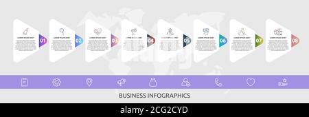 Infographics triangles with 8 steps, labels. Vector template uses for diagram, business, web, workflow layout, presentations, info graph, content Stock Vector